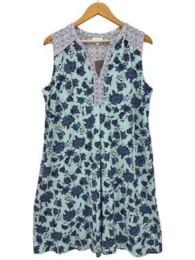 NWT J Jill Floral Sleeveless Knit Dress Blue Aqua Rayon Stretch Size Large $99